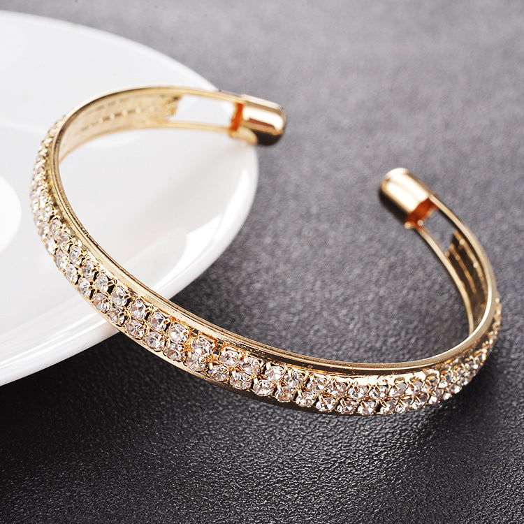 Bracelet ouvert 2 rangs sertis, or rose et argent