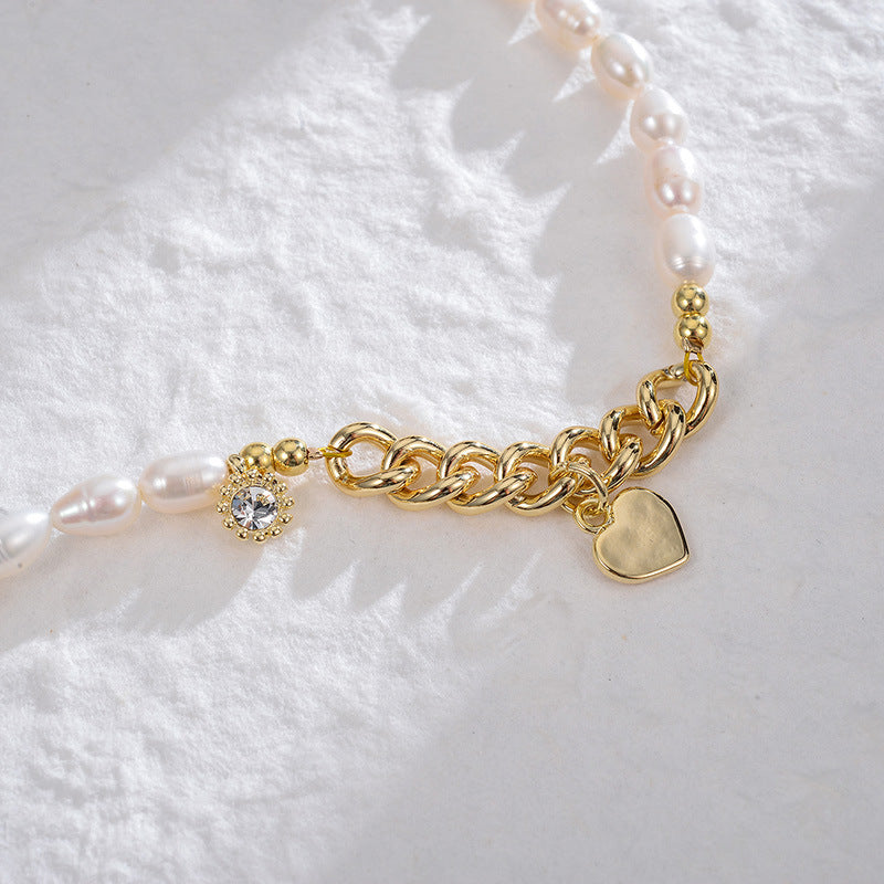 Bracelet pendentif cœur perle et zircon, cuivre