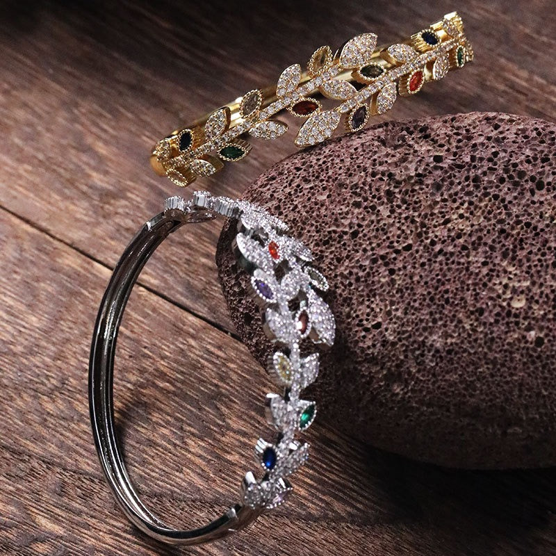 Bracelet feuille zircon coloré, cuivre