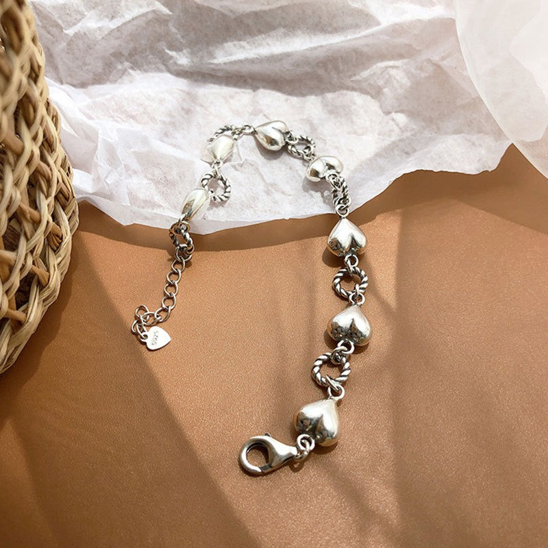 Bracelet frangé cœur rétro, argent 925
