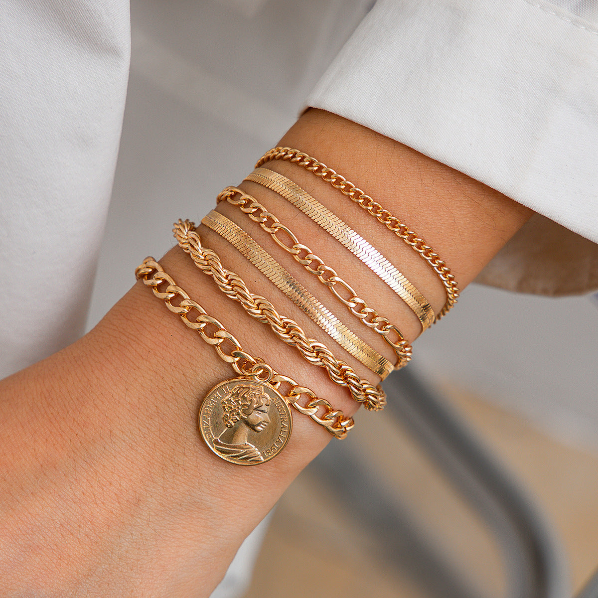 Set de bracelets pendentif rond, chaîne serpent