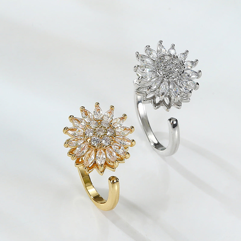 Bague ouverte tournesol rotative, zircon