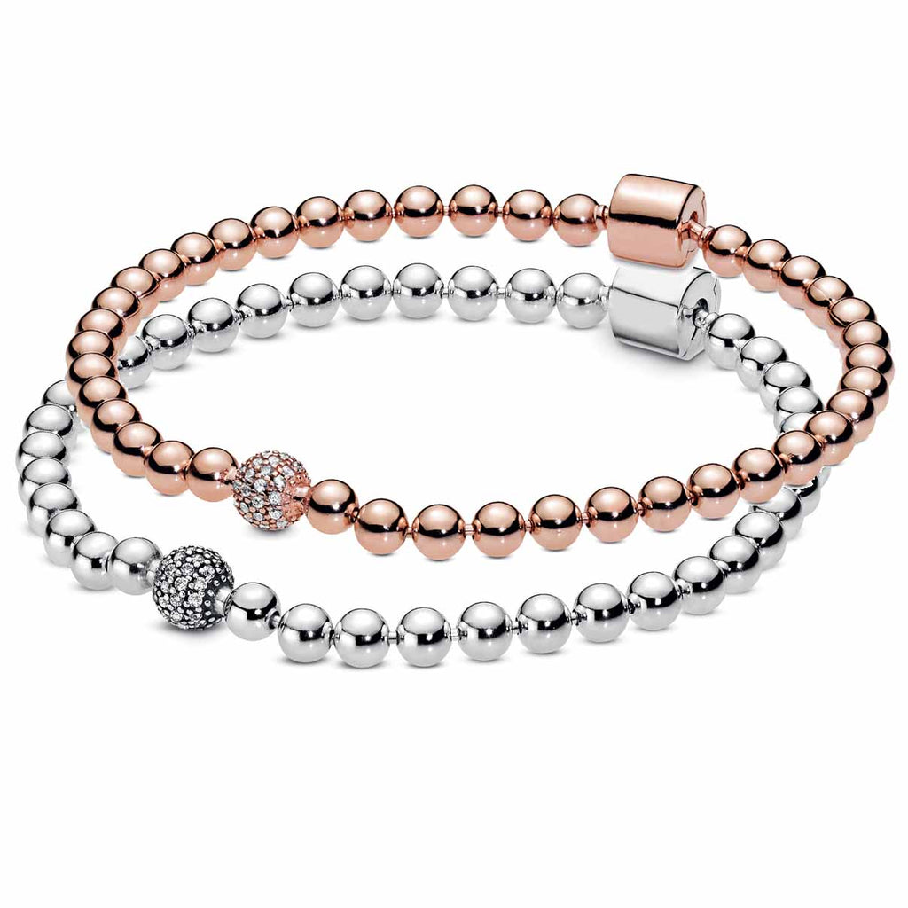 Bracelet coulissant perles et cristal pavé, or rose