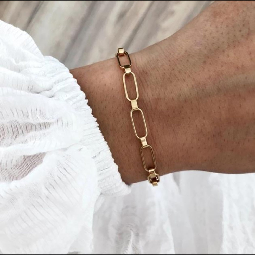 Bracelet chaîne ajourée géométrique, acier inoxydable doré
