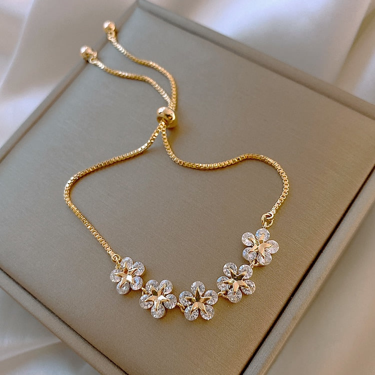Bracelet fleur zircon ajustable, style coréen