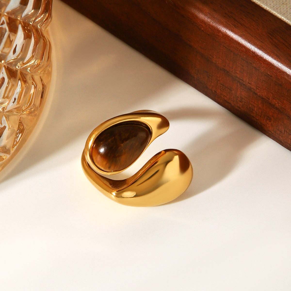 Bague goutte œil de tigre, acier inoxydable