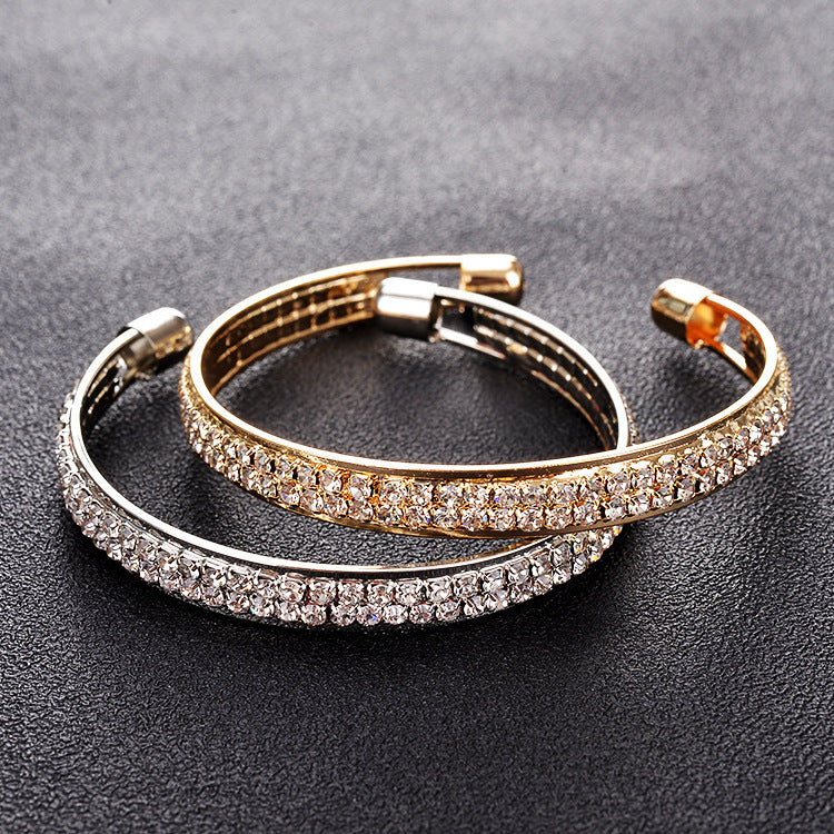 Bracelet ouvert 2 rangs sertis, or rose et argent