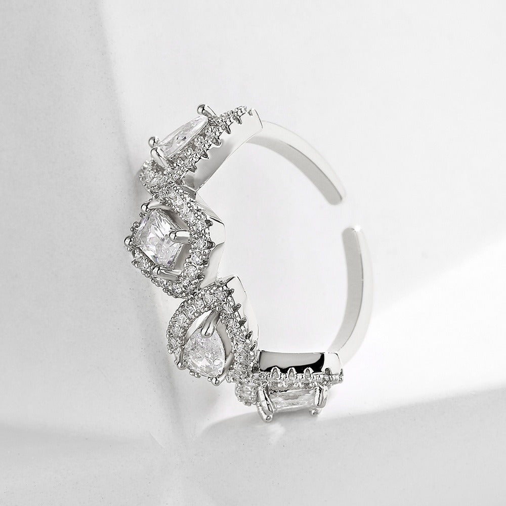 Bague ouverte carrée goutte zircon, style rétro
