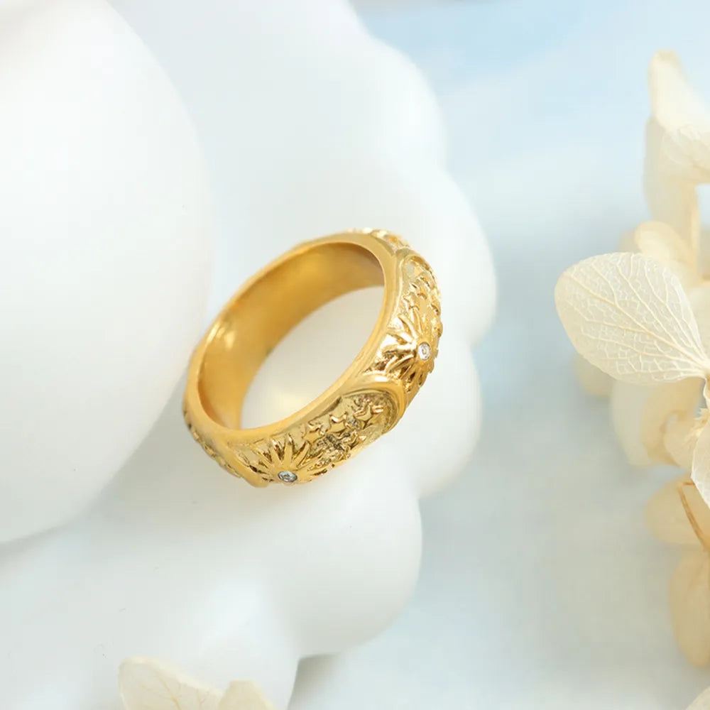 Bague étoile et lune zircon, acier titane