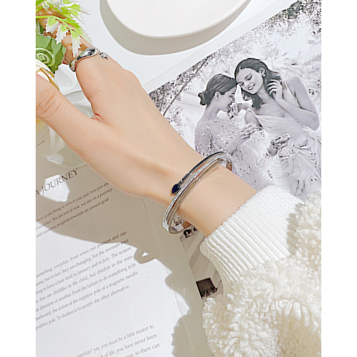 Bracelet zircon serti, acier inoxydable
